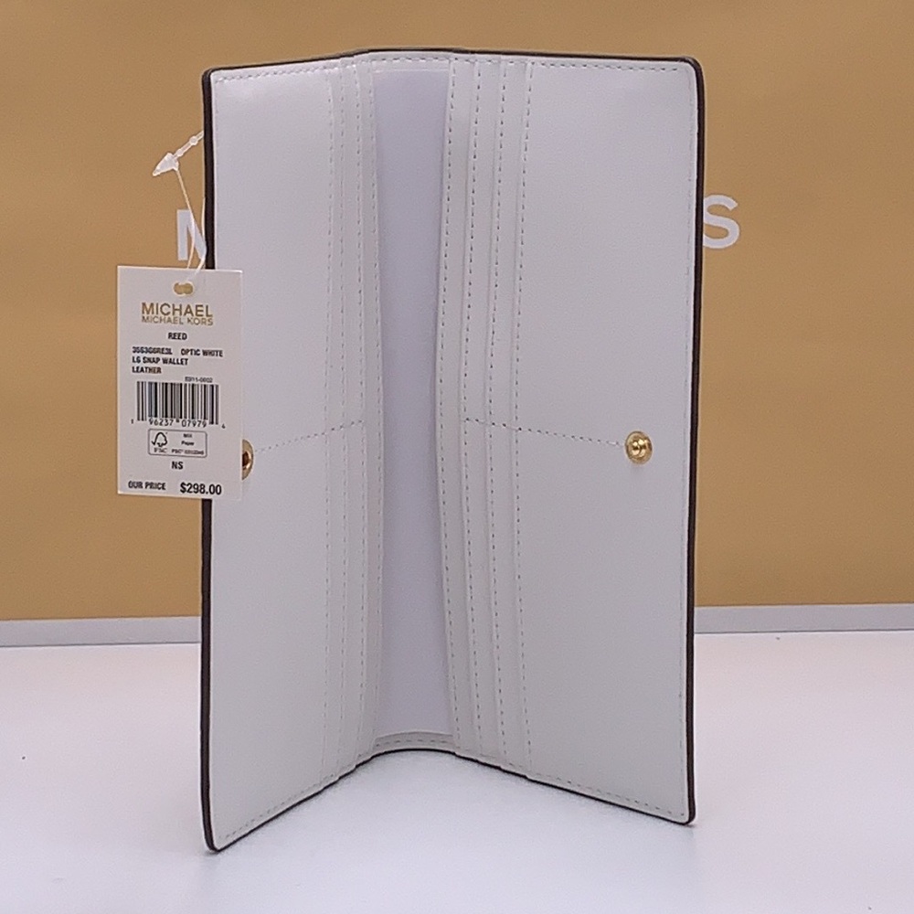 Michael Kors Reed Large Bifold Pebbled Leather Snap Wallet Card Case Optic White - Picture 4 of 11